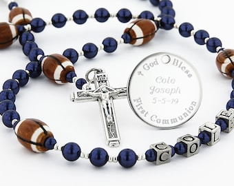 First Communion Rosary with Footballs, Boys Communion Gift, Communion Beads, Sports Rosary, Personalized Rosary, Rosary Beads, FootballDB