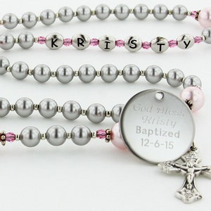 Girls Baptism Rosary, Christening Gift, Personalized Rosary, Custom Rosary Beads, Catholic Christening Rosary, Grey/Pink Rosary, PreciousGPc image 1