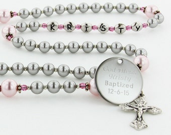 Girls Baptism Rosary, Christening Gift, Personalized Rosary, Custom Rosary Beads, Catholic Christening Rosary, Grey/Pink Rosary, PreciousGPc