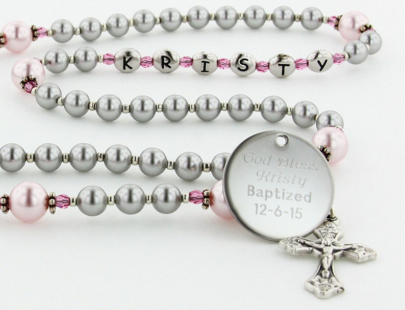 Girls Baptism Rosary, Christening Gift, Personalized Rosary, Custom Rosary Beads, Catholic Christening Rosary, Grey/Pink Rosary, PreciousGPc image 1