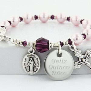 Communion Bracelet, Rosary Bracelet for Communion, Confirmation or Quinceanera Gift, Personalized Catholic Engraved Bracelet, BrQuPC2c