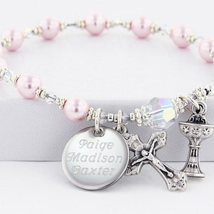 Communion Bracelet, Pink Rosary Bracelet, Communion Jewelry, Communion Gift, Goddaughter Gift, Pearl Rosary Bracelet, BrComPC4ab image 1