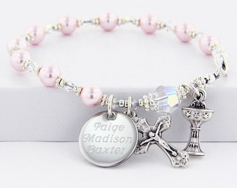 Communion Bracelet, Pink Rosary Bracelet, Communion Jewelry, Communion Gift, Goddaughter Gift, Pearl Rosary Bracelet, BrComPC4ab