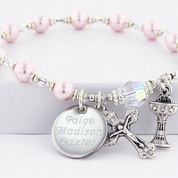 Communion Bracelet, Pink Rosary Bracelet, Communion Jewelry, Communion Gift, Goddaughter Gift, Pearl Rosary Bracelet, BrComPC4ab