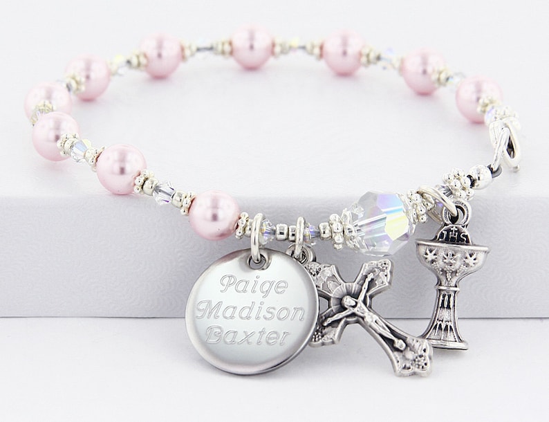 Communion Bracelet, Pink Rosary Bracelet, Communion Jewelry, Communion Gift, Goddaughter Gift, Pearl Rosary Bracelet, BrComPC4ab image 1