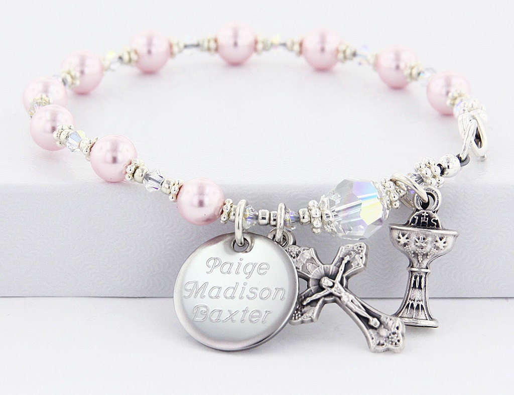 Communion Bracelet Pink Rosary Bracelet Communion Jewelry Etsy