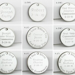 May include: Nine silver round metal discs with engraved text. The discs are different sizes, ranging from 7/8 inch to 1 inch in diameter. The text on the discs includes names, dates, and religious messages.