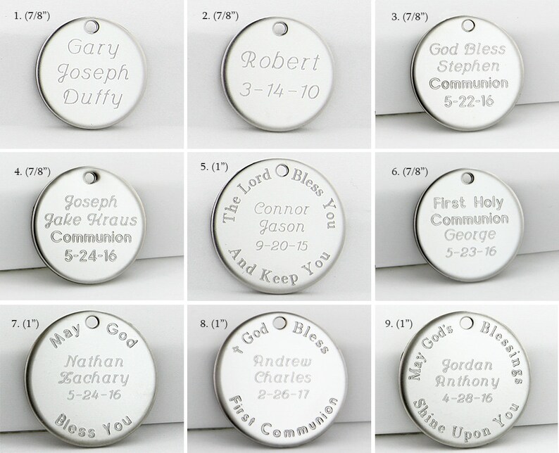 May include: Nine silver round metal discs with engraved text. The discs are different sizes, ranging from 7/8 inch to 1 inch in diameter. The text on the discs includes names, dates, and religious messages.