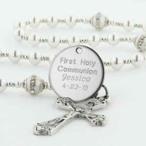 First Communion Rosary, Personalized Rosary, Girl Communion Gift, Girl Rosary, Communion Beads, Rosaries, White & Crystal Pearl, FancyWCPp