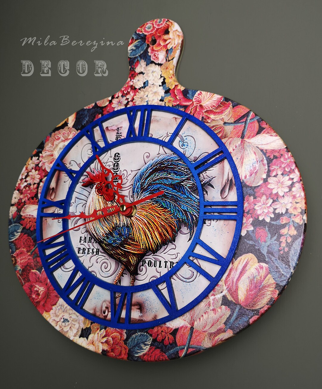 Wall Art CLOCK Country Style ROOSTER Wall Decor Folk Art Cockadoodle