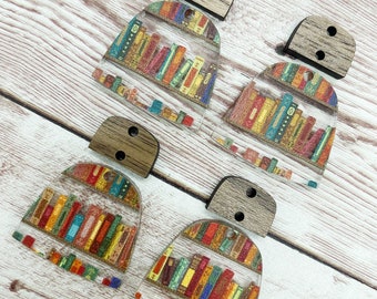 Book School Library Print Acrylic Arch and Wood Connector Set Earring Blanks, DIY Jewelry Making