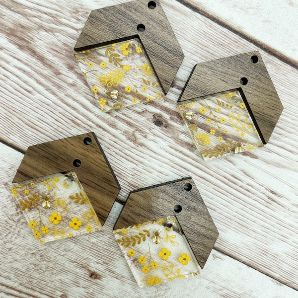 Yellow Bees and Flowers Acrylic and Wood Arrow Diamond Set Earring Blanks, DIY Jewelry Making