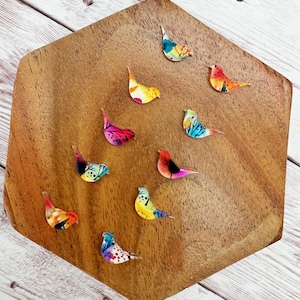 May include: A set of ten colorful, hand-painted bird ornaments. Each bird is made of clear acrylic and features a unique design with vibrant colors and patterns.