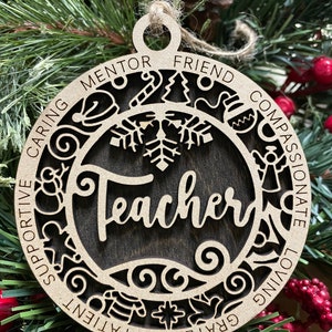 Teacher Christmas Ornament, Wood Ornament, Holiday Christmas Gift, Laser Cut Engraved