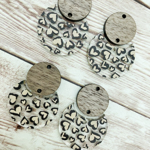 Patterned Leopard Style Heart Print Acrylic and Wood Circle Set Earring Blanks, DIY Jewelry Making