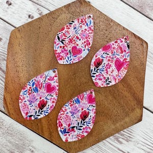 Pink Floral Heart Valentine Print Acrylic Teardrop Earring Blanks, DIY Jewelry Making