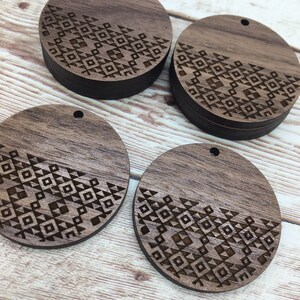 Wood Circle Engraved Aztec Print Earring Blanks, Finished Walnut Blank, DIY Jewelry Making