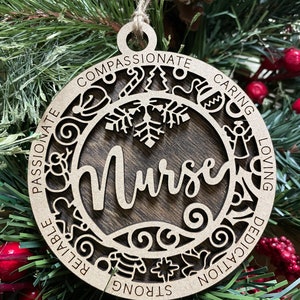 Nurse Christmas Ornament, Wood Ornament, Holiday Christmas Gift, Laser Cut Engraved