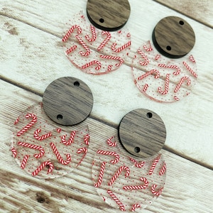 Patterned Acrylic Christmas Candy Cane and Wood Circle Set Earring Blanks, DIY Jewelry Making