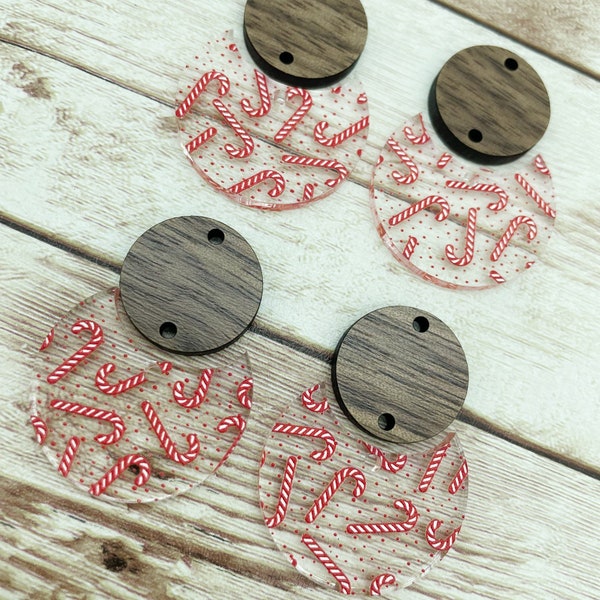 Patterned Acrylic Christmas Candy Cane and Wood Circle Set Earring Blanks, DIY Jewelry Making