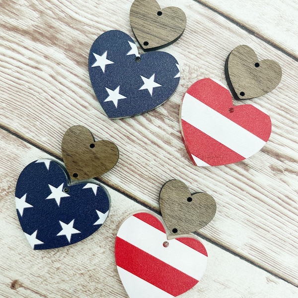 Patriotic Stars and Stripes Acrylic and Wood Heart Earring Blanks, DIY Jewelry Making