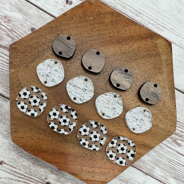 Patterned Soccer Silver Shimmer Acrylic and Wood Trio Set, DIY Jewelry Making
