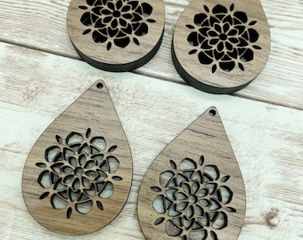 Wood Teardrop Mandala Flower Earring Blanks, Finished Walnut Blank, DIY Jewelry Making