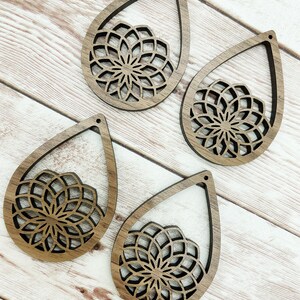 Wood Intricate Cut Flower Teardrop Earring Blanks, Finished Walnut Blank, DIY Jewelry Making