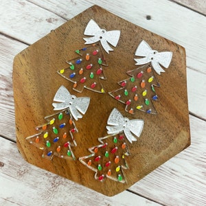 Patterned Christmas Light Print Christmas Tree and Bow Connector Set Earring Blanks, DIY Jewelry Making