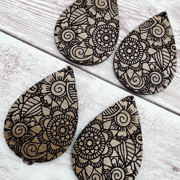 Boho Mandala Doodle Engraved Walnut Wood Earring Blanks, DIY Jewelry Making