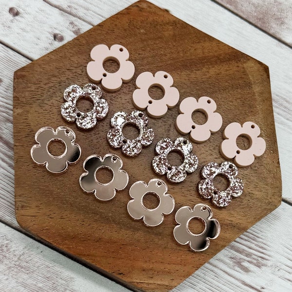 Mirrored Rose Gold, Glitter Rose Gold, and Blush Flower Trio Acrylic Earring Blanks, DIY Jewelry Making