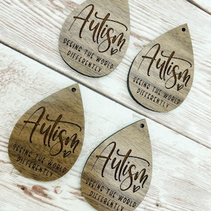 Wood Teardrop Engraved Autism Seeing the World Differently Earring Blanks, Finished Walnut Blank, DIY Jewelry Making