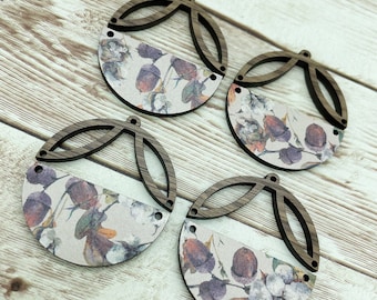 Patterned Fall Cotton and Acorn Intricate Wood Arch Round Earring Blanks, DIY Jewelry Making