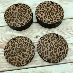 Wood Circle Round Engraved Leopard Print Earring Blanks, Finished Walnut Blank, DIY Jewelry Making