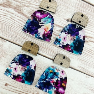 Plum Teal Floral Print Acrylic Arch and Wood Connector Set Earring Blanks, DIY Jewelry Making