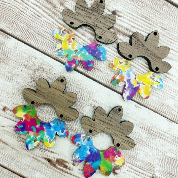Patterned Multicolor Flower Petal Acrylic and Wood Set Earring Blanks, DIY Jewelry Making