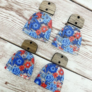 Red White Blue Floral Print Acrylic Arch and Wood Connector Set Earring Blanks, DIY Jewelry Making