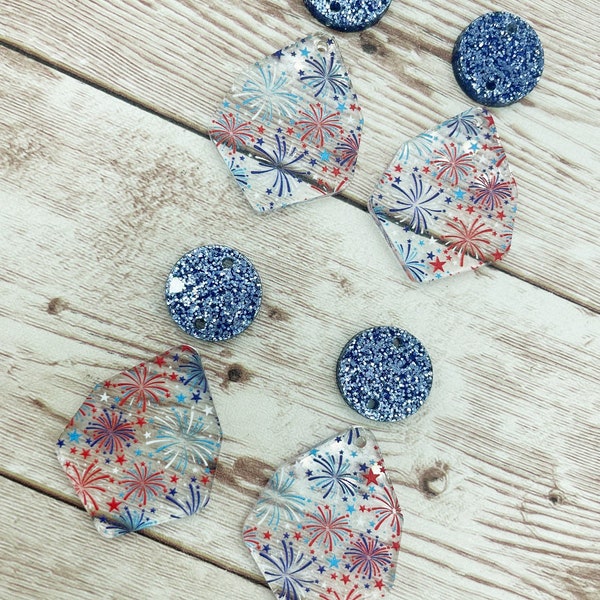Patterned Fireworks 4th of July Acrylic and Blue Glitter Circle Set Earring Blanks, DIY Jewelry Making