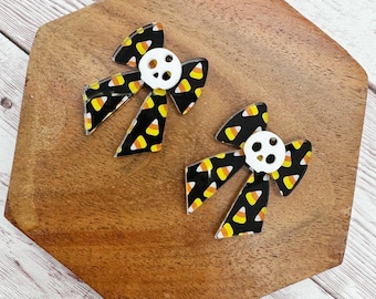 Candy Corn Print Bow Layered Acrylic Halloween Earring Blanks, DIY Jewelry Making
