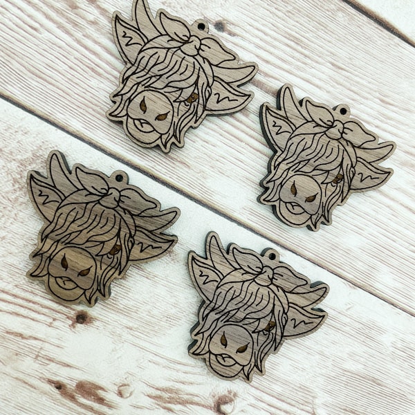 Wood Engraved Bow Highland Cow Earring Blanks, Finished Walnut Blank, DIY Jewelry Making