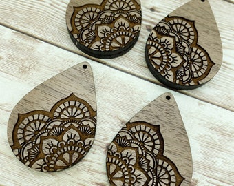 Wood Teardrop Engraved Mandala Earring Blanks, Finished Walnut Blank, DIY Jewelry Making