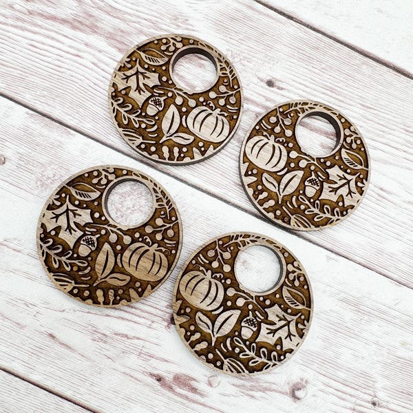 Engraved Fall Pumpkin and Leaves Hoop Halloween Walnut Earring Blanks, DIY Jewelry Making