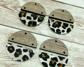 Patterned Acrylic and Wood Round Leopard Print Earring Blanks, DIY Jewelry Making