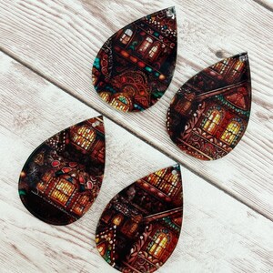 Patterned Christmas Cottage Scene Acrylic Teardrop Earring Blanks, DIY Jewelry Making
