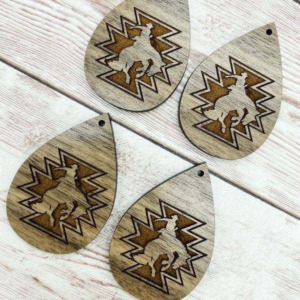 Wood Teardrop Engraved Aztec Rodeo Cowboy Earring Blanks, Finished Walnut Blank, DIY Jewelry Making