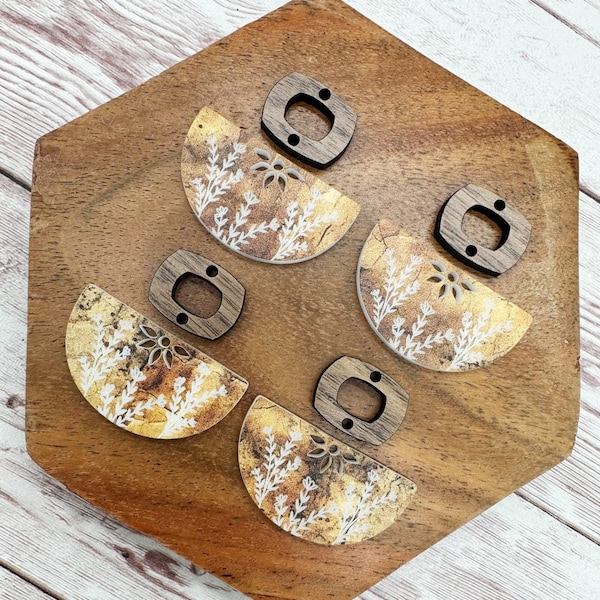 Engraved Rustic Floral Acrylic and Wood Boho Connector Set Earring Blanks, DIY Jewelry Making