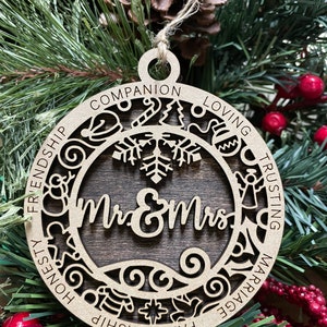 Mr. & Mrs. Christmas Ornament, Wood Ornament, Holiday Christmas Gift, Laser Cut Engraved