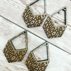 Wood Engraved Leopard Print Open Diamond Earring Blanks, Finished Walnut Blank, DIY Jewelry Making