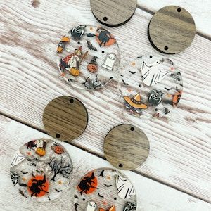 Vintage Halloween Print Acrylic and Wood Circle Set Earring Blanks, DIY Jewelry Making
