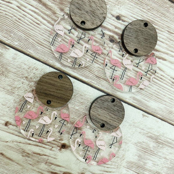 Patterned Flamingo Print Acrylic and Wood Circle Set Earring Blanks, DIY Jewelry Making
